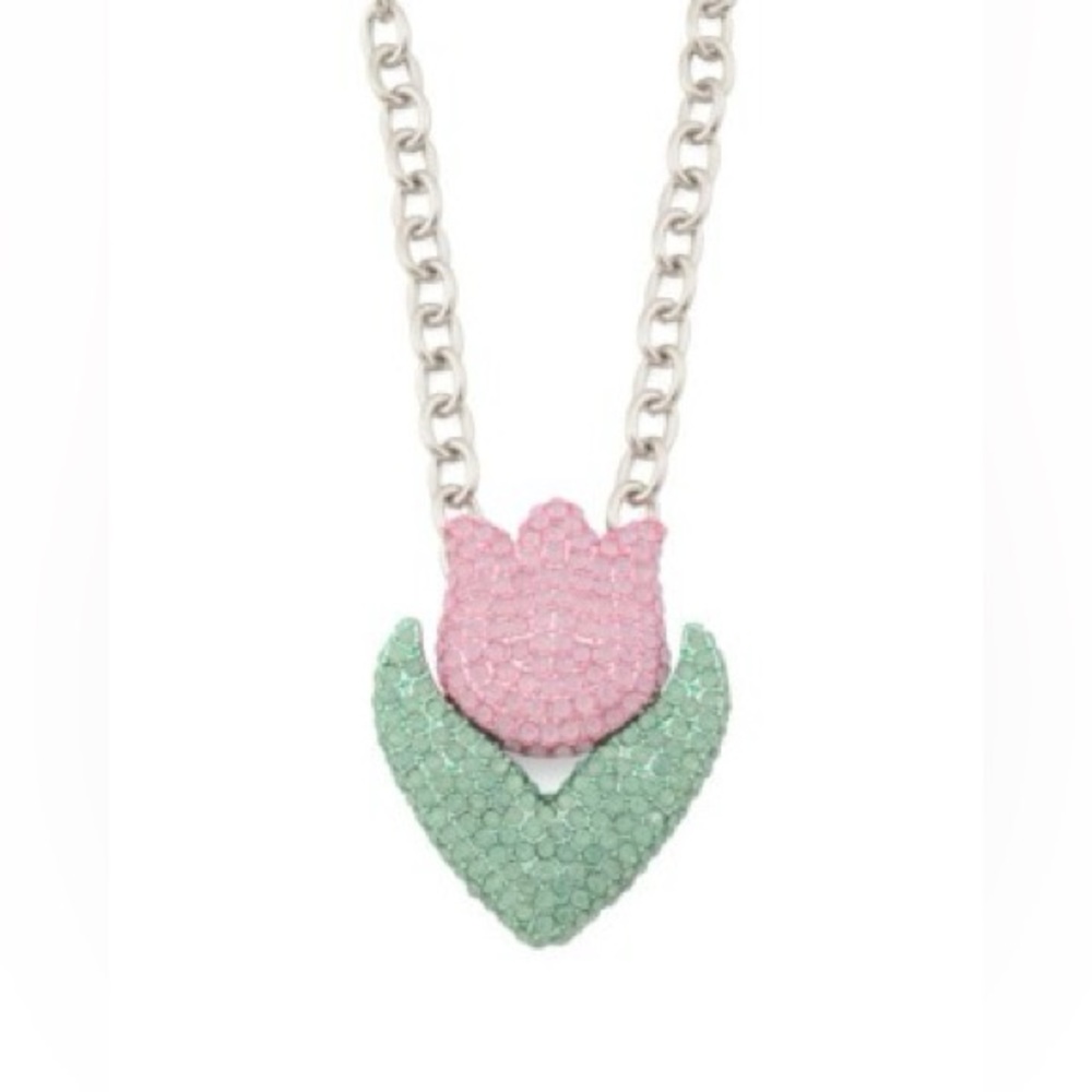 NWT Betsey Johnson Pink and Green rhinestone Tulip Pendant statement Necklace - Picture 3 of 3